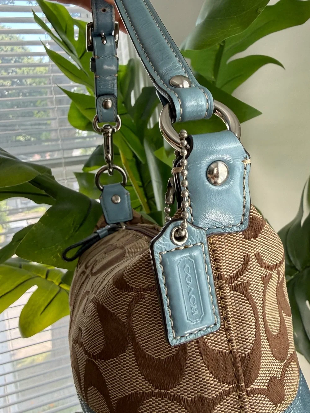Coach Brown Signature Canvas Shoulder Bag with Blue Stripe